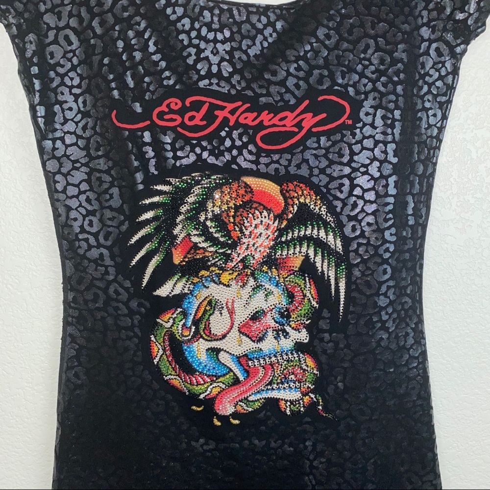 Ed Hardy Metallic Lamé Leopard Cheetah Mini Dress - Picture 4 of 9